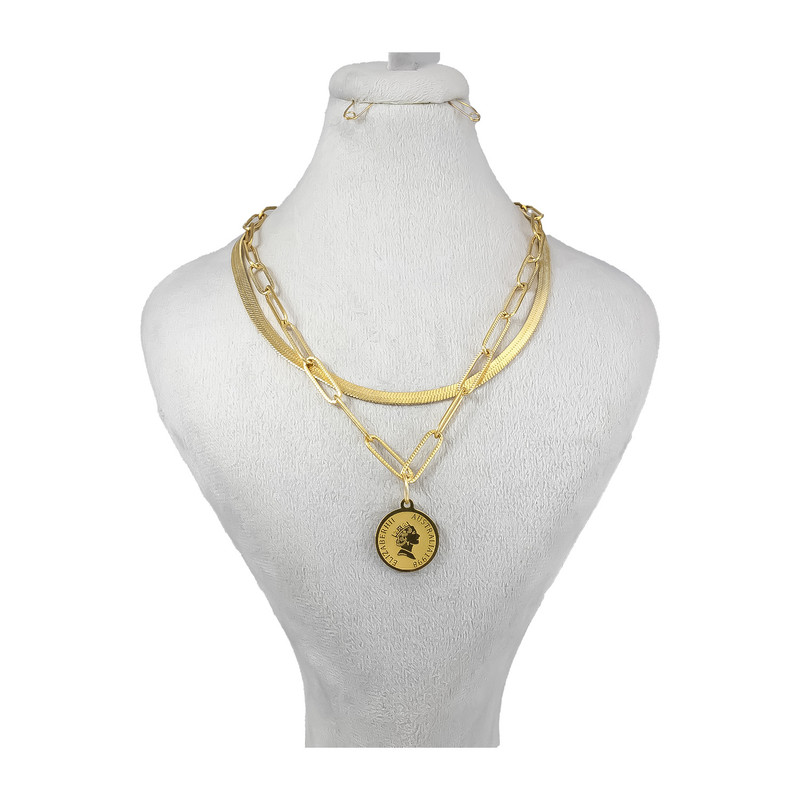 گردنبند زنانه مدل دو لاین زنجیری طرح سکه الیزابت گردنبند زنانه مدل دو لاین زنجیری طرح سکه الیزابت