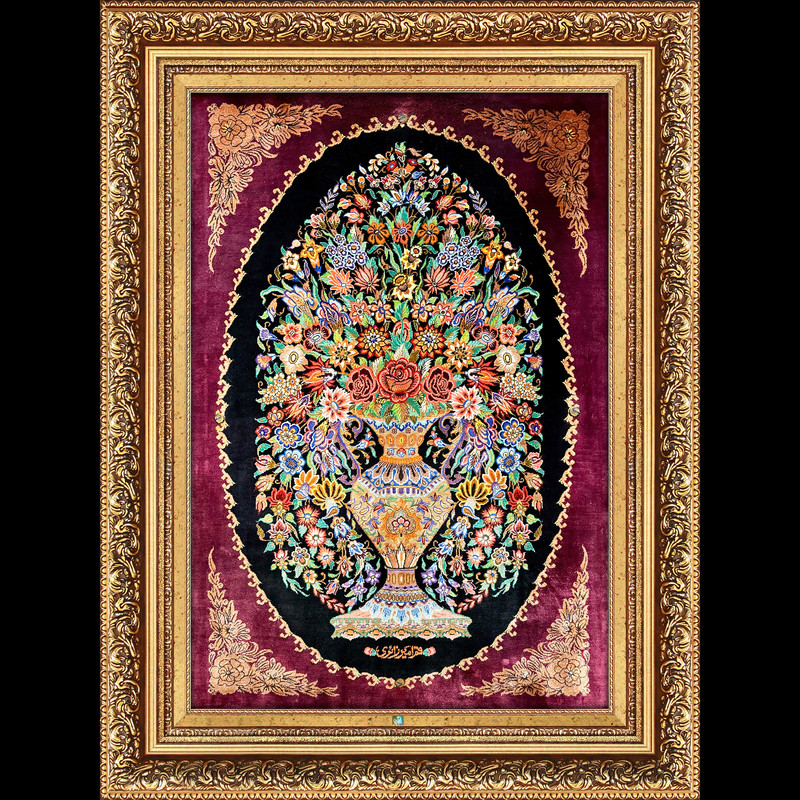 تابلو فرش دستباف فرش میرنظامی مدل گلدان تمام ابریشم زائری کد 1616