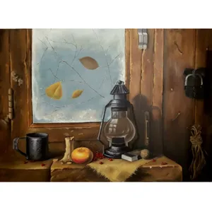 تابلو نقاشی رنگ روغن مدل طبیعت بی جان طرح کلبه زمستانی کد 01
