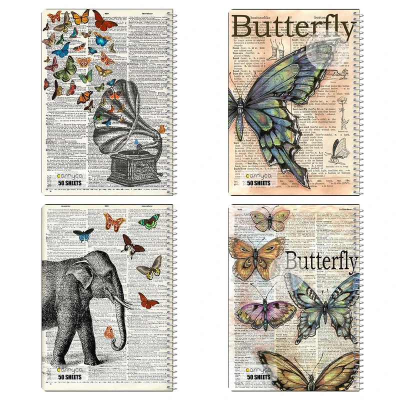 دفتر نقاشي 50 برگ کارنيکا طرح روزنامه وینتج پروانه Vintage Newspaper Butterfly کد 42108 مجموعه 4 عددی
