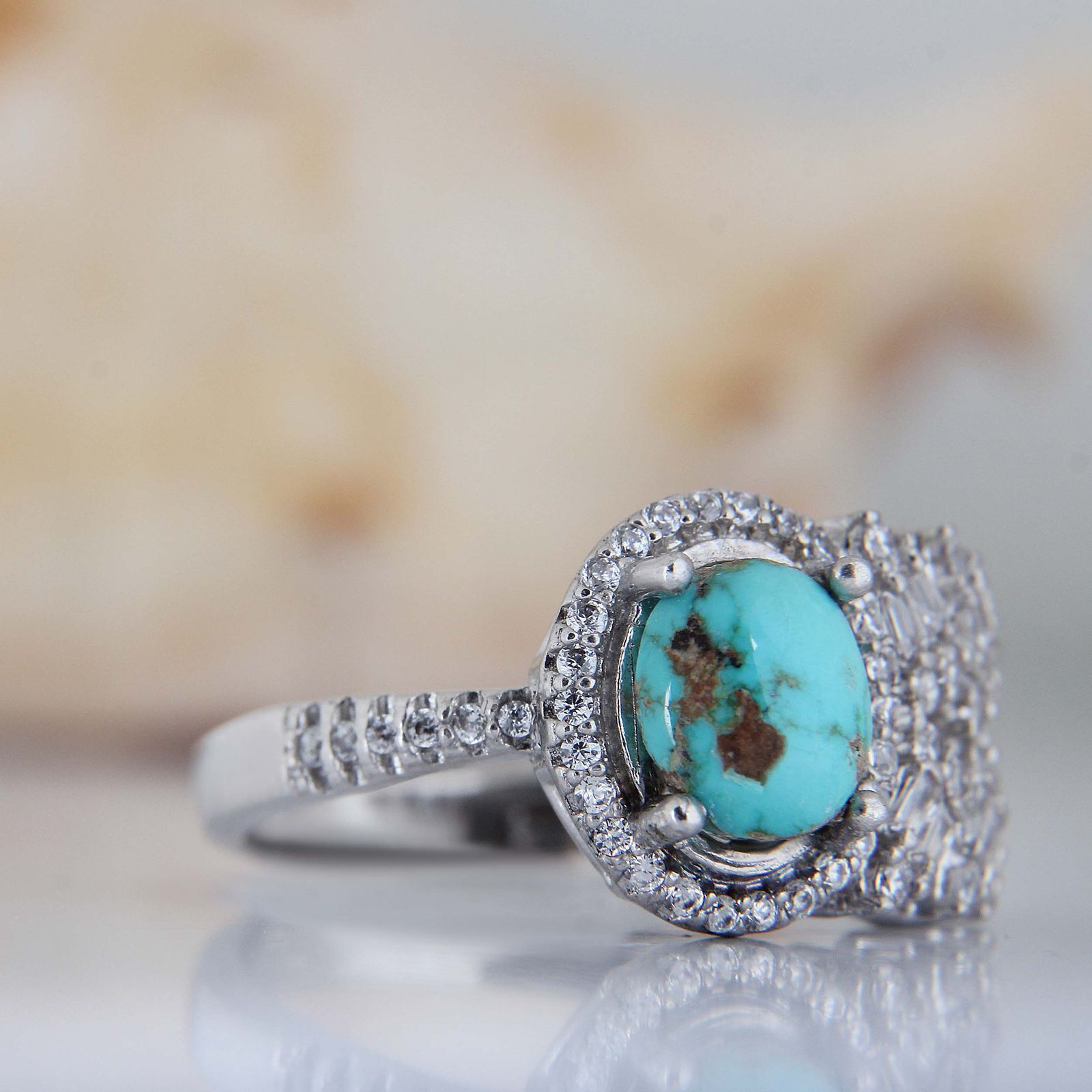 انگشتر نقره زنانه مدل فیروزه نیشابور مخراج برلیان آبکاری رادیوم کد AWR_1650 - - 5