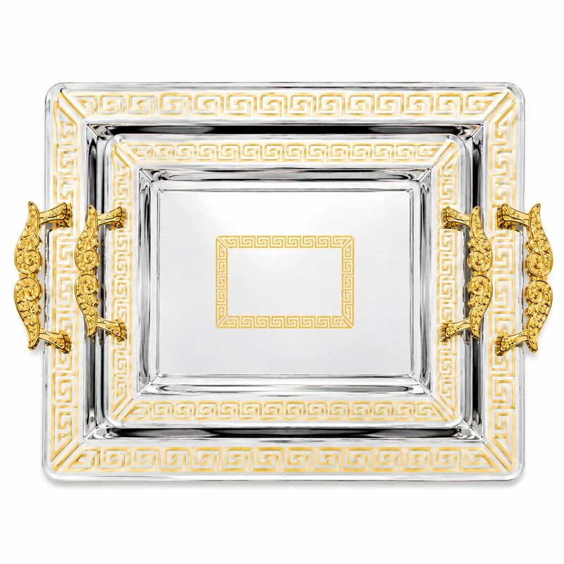سینی دسته دار تونیش مدل مجلسی کد ۱۳۰۱ طرح Versace سایز ۳۰*۴۳ سانتی متر مجموعه دو عددی 