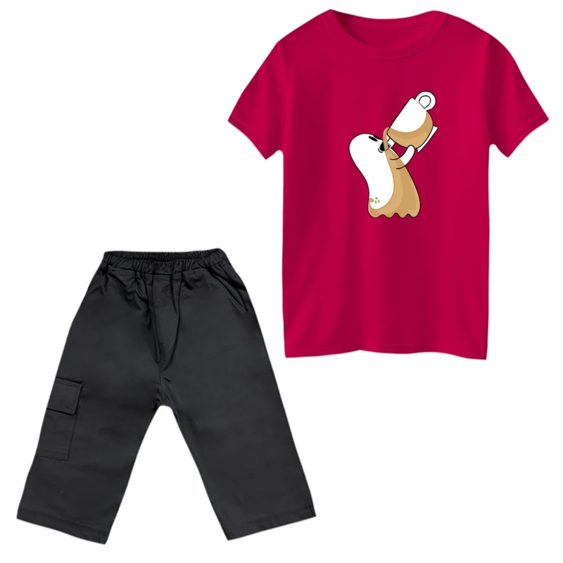 ست تی‌شرت و شلوارک پسرانه مدل روح و قهوه رنگ سرخابی