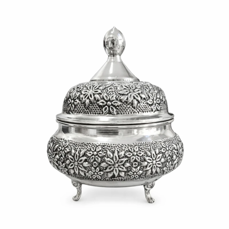 قندان قلمزنی مسی مس قاسمی مدل گلبرگ کرومی سه پایه