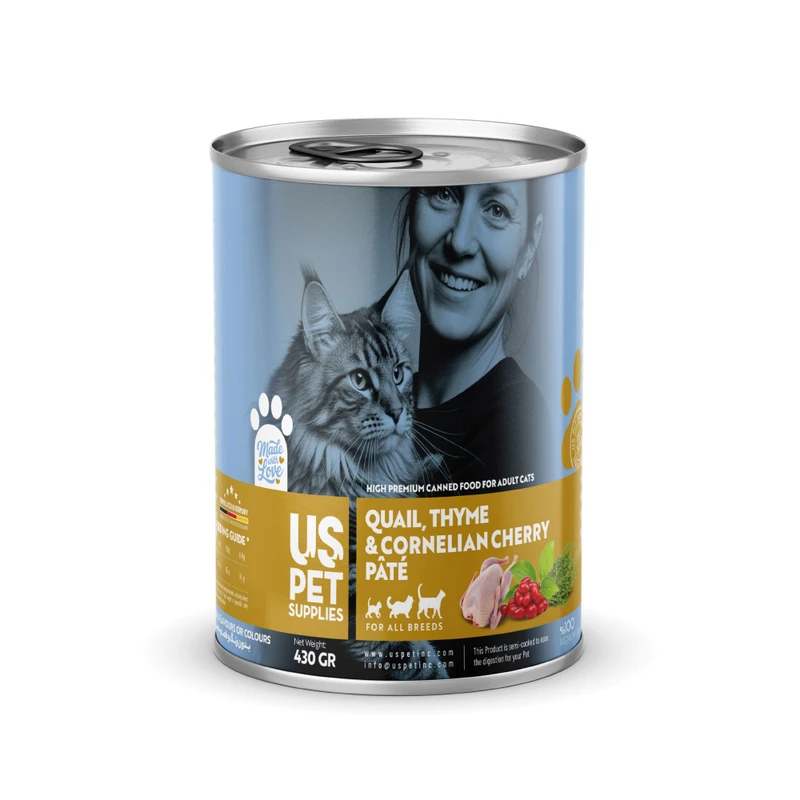 کنسرو غذای گربه بالغ یو اس پت مدل های‌پریمیوم طعم بلدرچین، زغال اخته و آویشن وزن 430 گرم