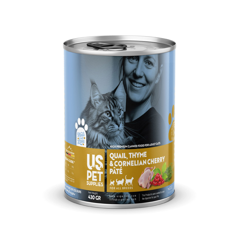 کنسرو غذای گربه بالغ یو اس پت مدل های‌پریمیوم طعم بلدرچین، زغال اخته و آویشن وزن 430 گرم