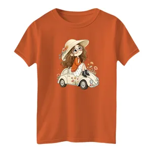 تی شرت آستین کوتاه بچگانه مدل دخترک و ماشین رنگ نارنجی