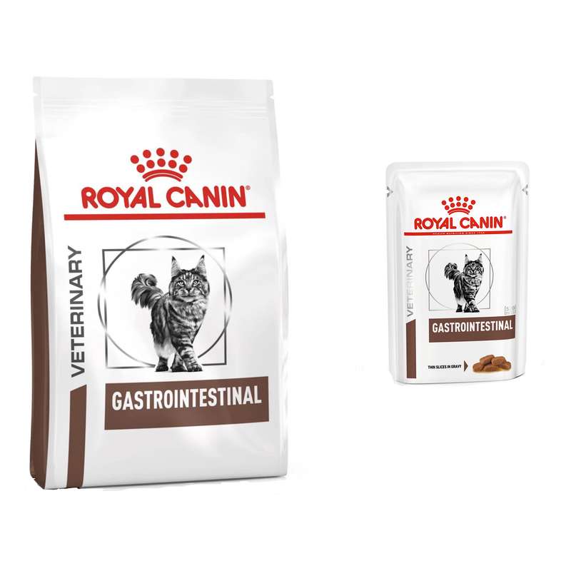 غذای خشک گربه برند رویال کنین مدل gastrointestinal وزن 2 کیلوگرم به همراه پوچ gastrointestinal وزن 100 گرم