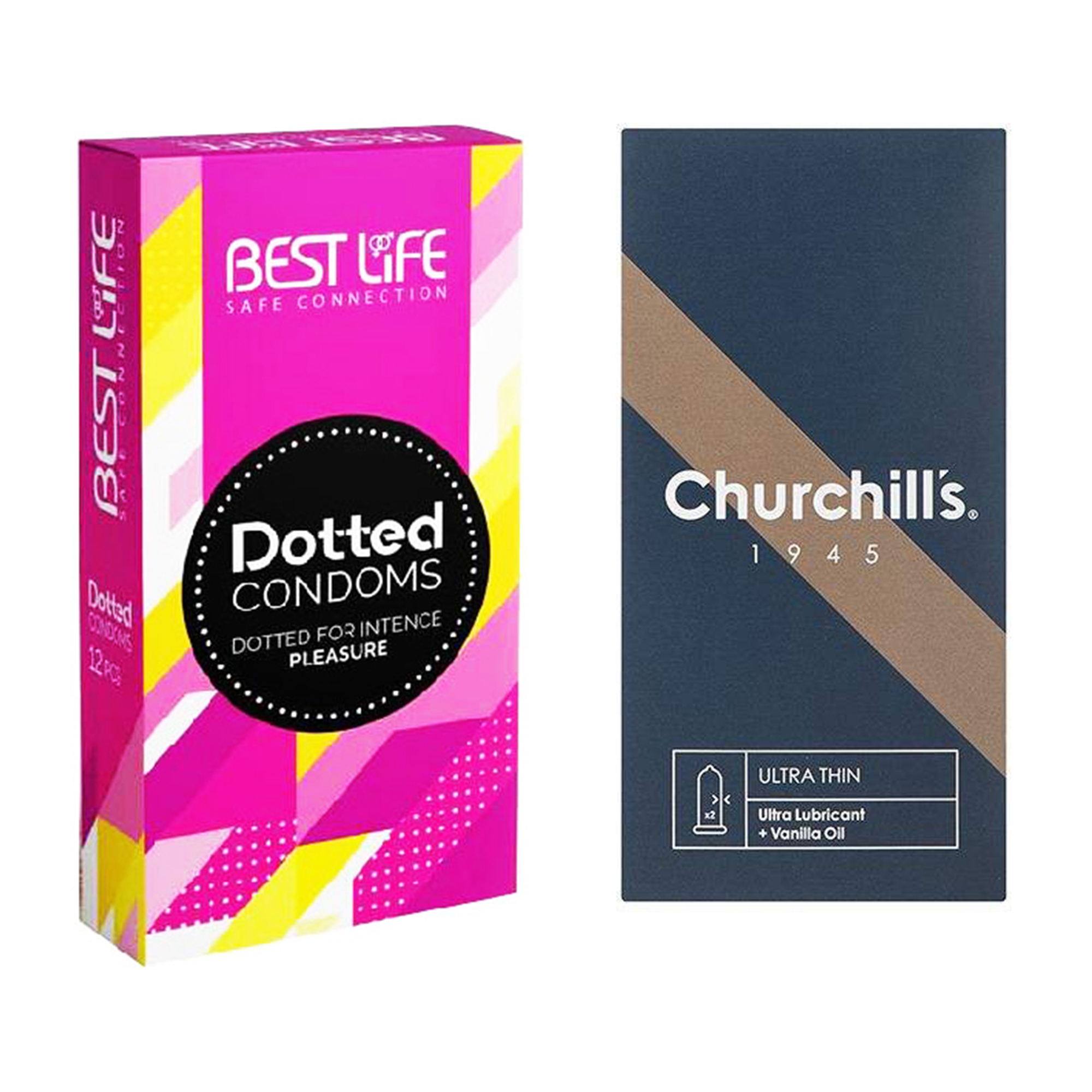 کاندوم چرچیلز مدل Ultra Thin بسته 12 عددی به همراه کاندوم بست لایف مدل Dotted بسته 12 عددی