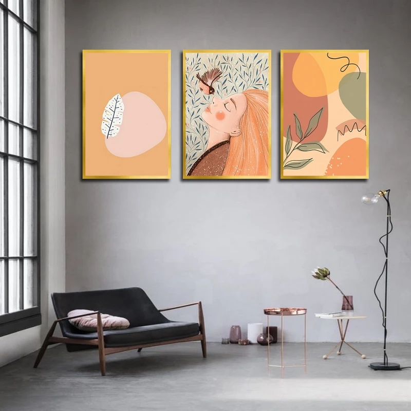 تابلو ساده بکلیت طرح نقاشی مینیمال و چهره مدل شاین اکلیلی T-2652 فریم طلایی مجموعه 3 عددی