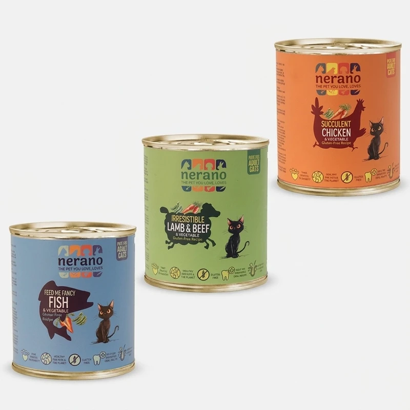 کنسرو گربه نرانو مدل پته طعم ماهی و گوشت و مرغ وزن 800 گرم بسته 3 عددی