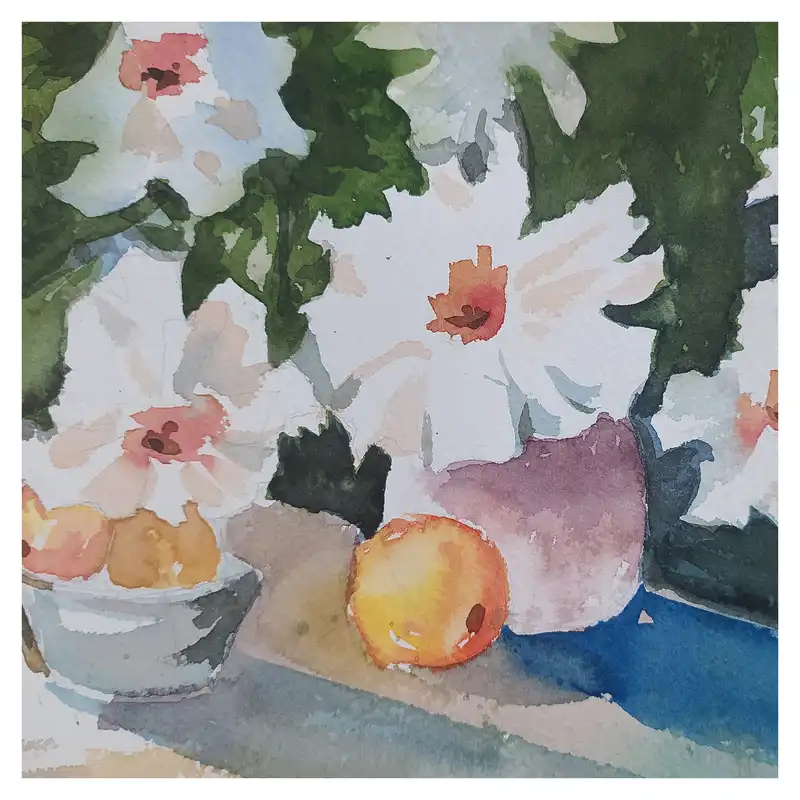 نقاشی آبرنگ طرح گلدان گل و میوه کد 07