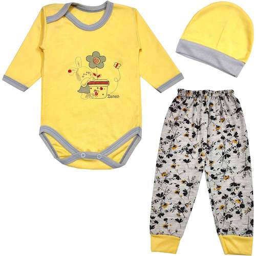 ست 3 تکه لباس نوزادی مدل خرگوش و گلدان کد 3708 رنگ زرد
