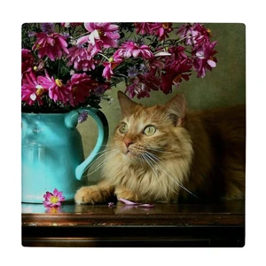 کاشی کارنیلا طرح گربه و گل و گلدان مدل لوحی کد klh2508