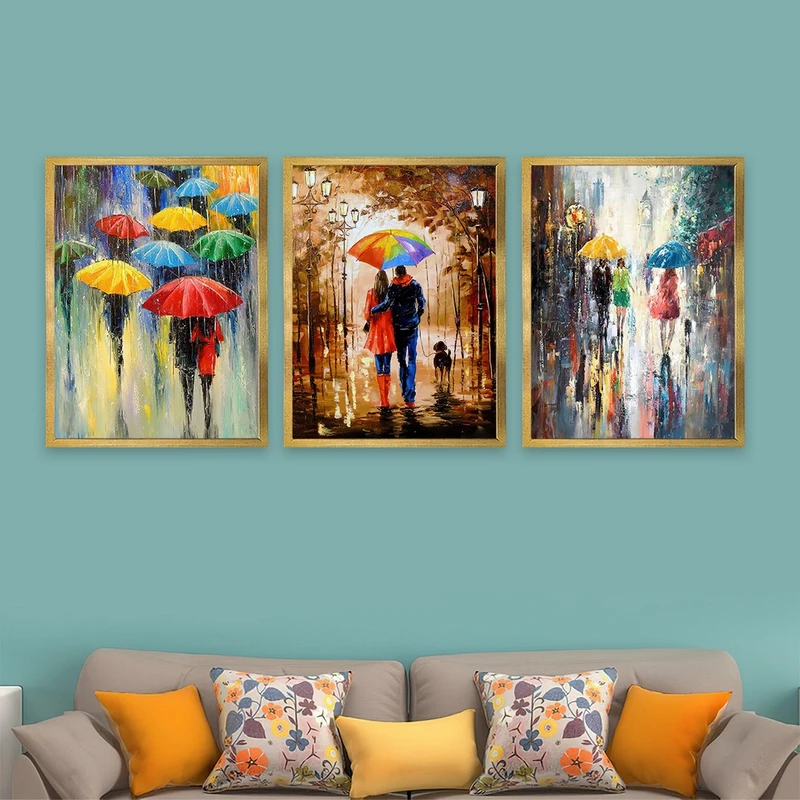 تابلو بکلیت طرح نقاشی رنگ روغن عاشقانه چتر و باران مدل T-928 مجموعه 3 عددی