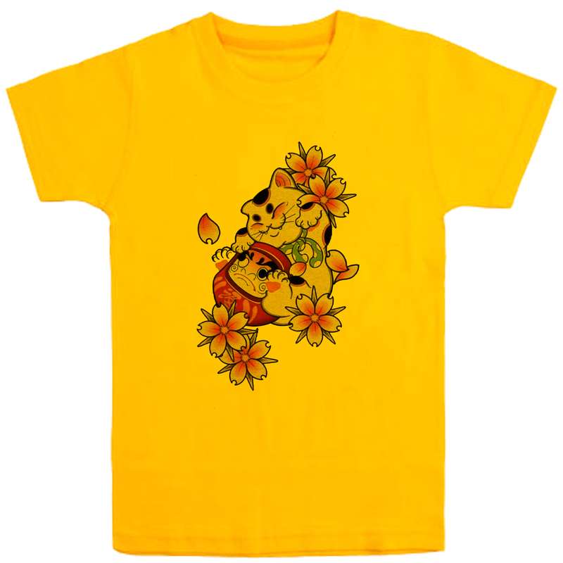 تی شرت آستین کوتاه دخترانه مدل گربه وگل D50 رنگ زرد