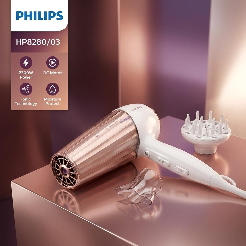 سشوار خانگی فیلیپس مدل HP8280/03 با فناوری Infrared MoistureProtect، توان 2300 وات، موتور DC، کنترل دمای هوشمند، حفظ رطوبت و جلوگیری از آسیب مو