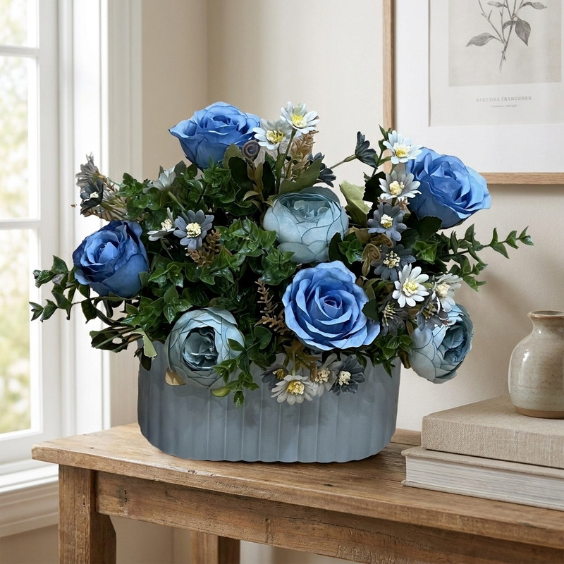 باکس گل مصنوعی گلدان با گل پارچه‌ای، ابعاد 20×15×50 سانتی‌متر، وزن 200 گرم، نصب رومیزی و ایستاده، باکس چوبی مقاوم، قابلیت شستشو، مقاوم در برابر نور خورشید، مناسب فضای باز و دکور آپارتمانی