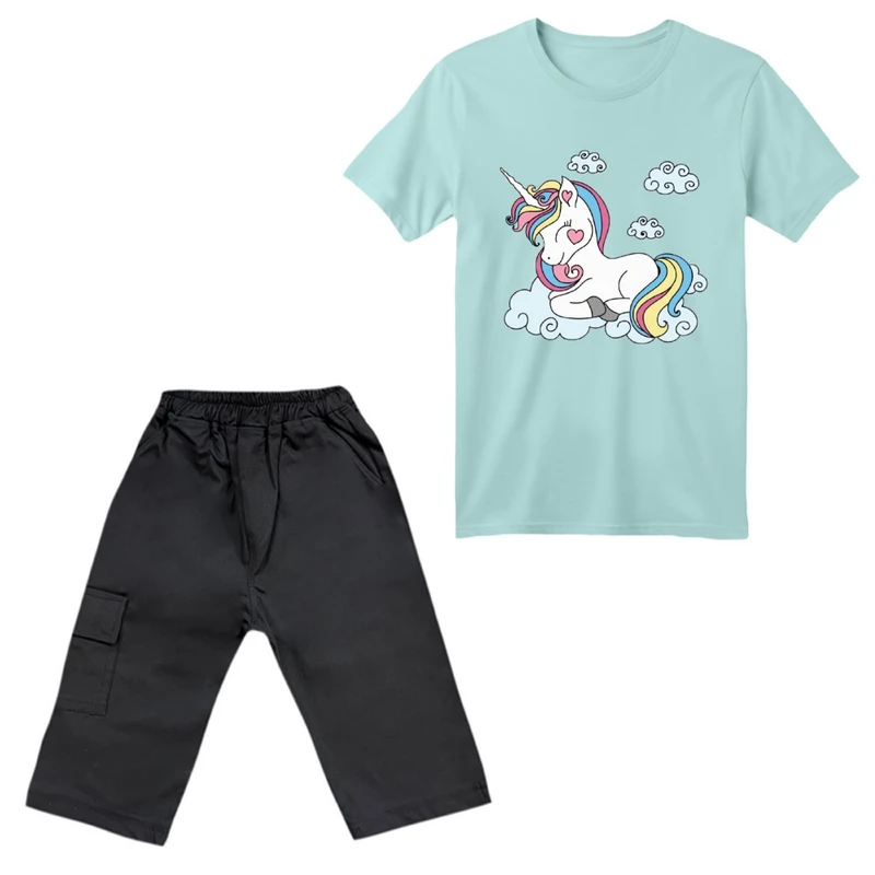 ست تی‌شرت آستین کوتاه و شلوارک دخترانه مدل یونیکورن کد ۱۷ رنگ آبی روشن