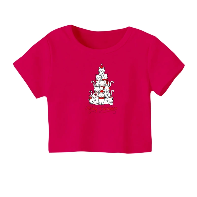 کراپ‌ تی‌شرت آستین کوتاه زنانه مدل گربه کریسمس کد 2
