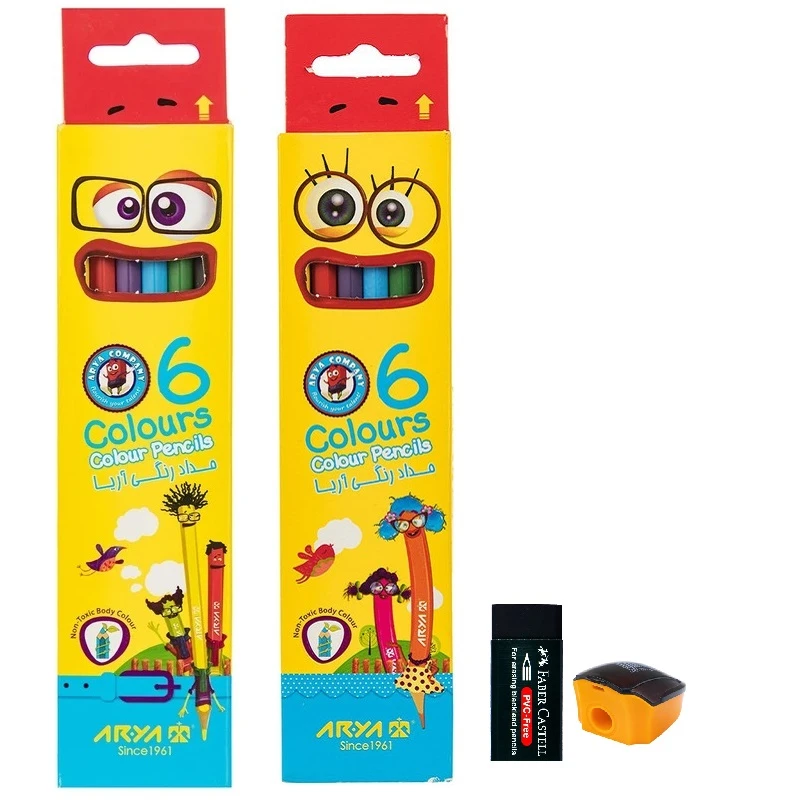 مداد رنگی 6 رنگ آریا مدل نقاش باشی به همراه تراش و پاک کن  مجموعه 14 عددی