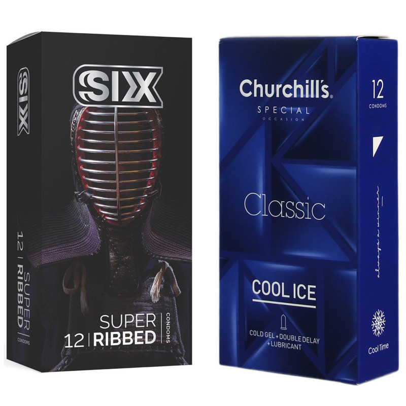کاندوم چرچیلز مدل Cool Ice بسته 12 عددی به همراه کاندوم سیکس مدل شیاردار بسته 12 عددی