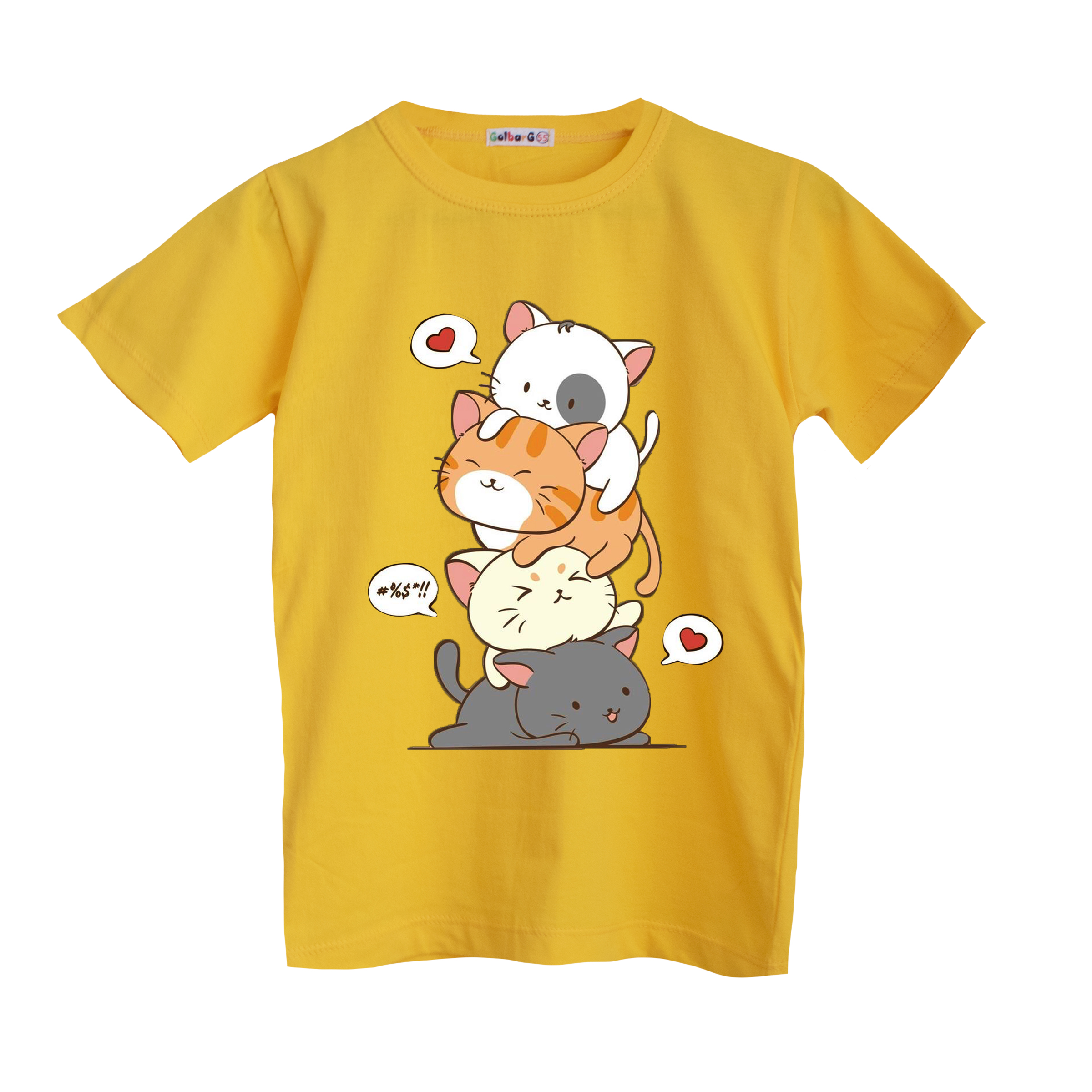 تی شرت آستین کوتاه دخترانه مدل گربه های بامزه رنگ زرد