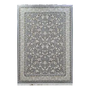 فرش ماشینی 700 شانه فرش زمرد مشهد زمینه دودی لایت حاشیه طلائی مدل 30004