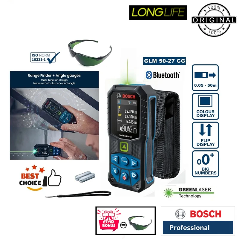 عکس شماره 6 : متر لیزری بوش مدل glm 50-27 cg extra green glass برد 50 متر