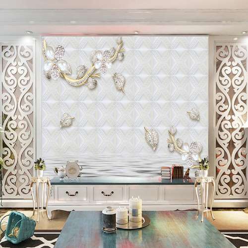 پوستر دیواری سه بعدی مدل شاخه طلایی گل مرواریدی نگینی زمینه هندسی DRVF1233