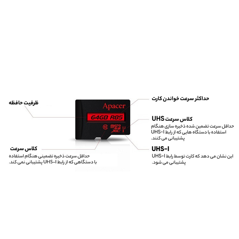 کارت حافظه microSDXC اپیسر مدل AP64G کلاس 10 استاندارد UHS-I U1 سرعت 85MBps ظرفیت 64 گیگابایت