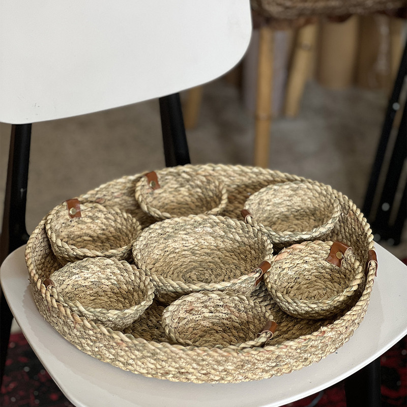 ست کاسه و سینی حصیربافی مدل نوروز مجموعه 8 عددی
