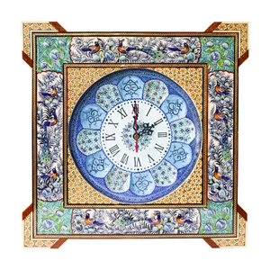 ساعت دیواری خاتم کاری مدل مربع گوشه دار طرح گل و مرغ برجسته کد Bl40d23-3f4