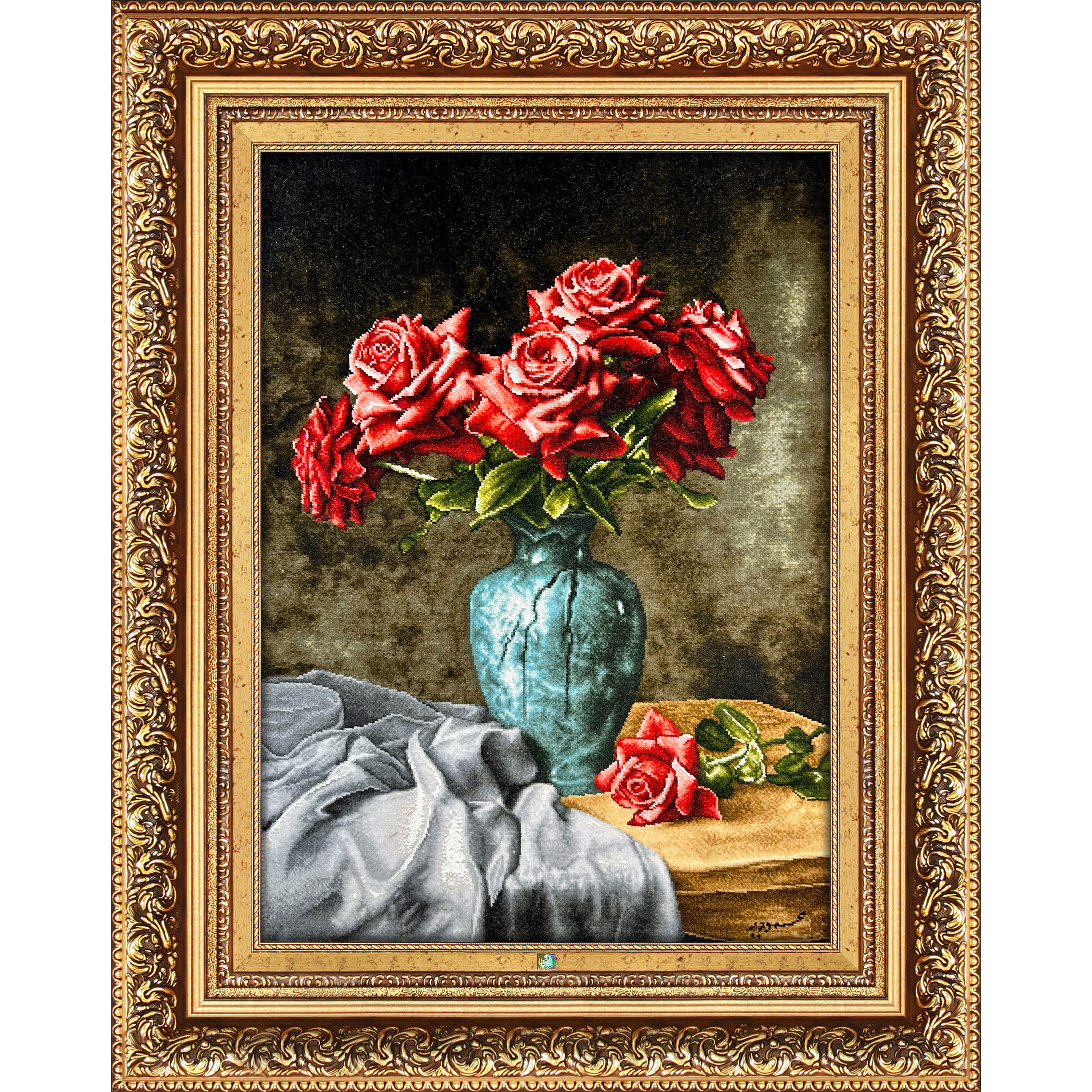 تابلو فرش دستباف فرش میرنظامی مدل گل رز و گلدان کد 1667