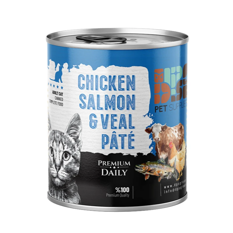 کنسرو غذای گربه بالغ دی پی اس مدل پته طعم مرغ، سالمون و گوساله وزن ۸۰۰ گرم