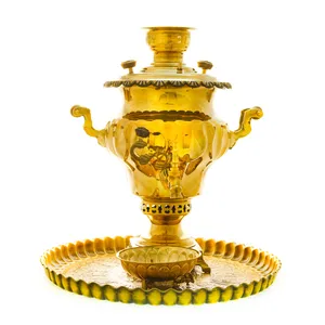 سرویس سماور ذغالی 3 پارچه برنجی مدل میخی ترک دار کد 4462