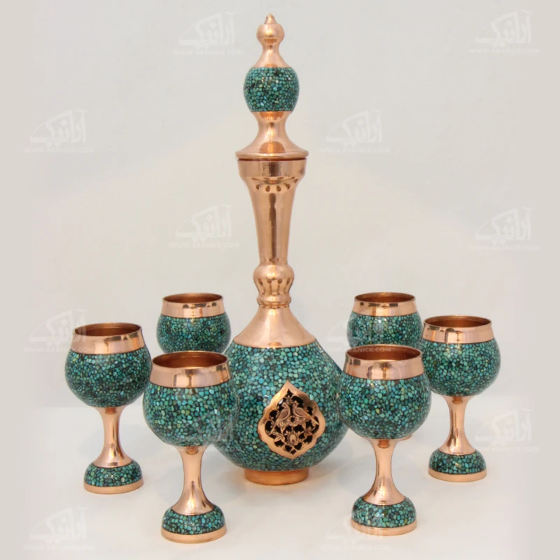 ست جام و صراحی فیروزه کوب‏ مسی‏ طرح ‏مشبک‏ مدل 1020600001