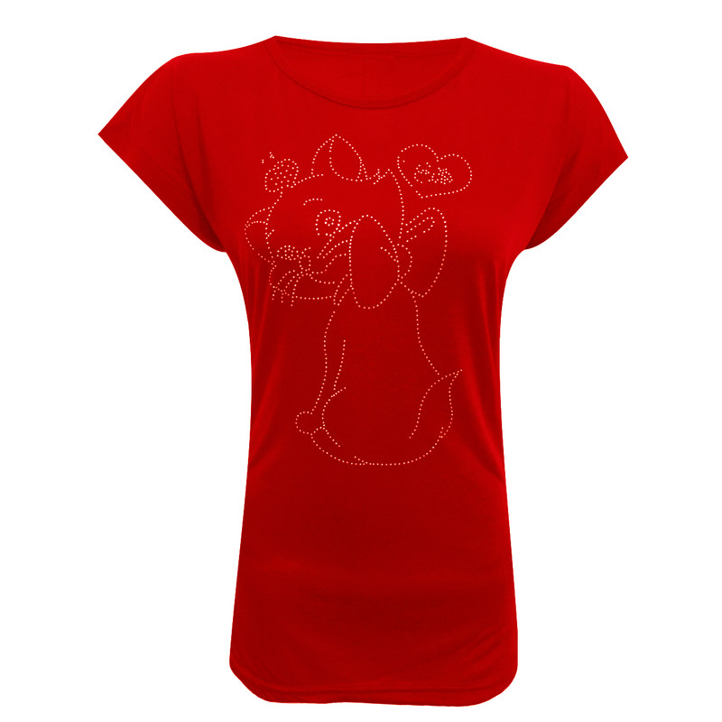 تی شرت آستین کوتاه زنانه مدل گربه خوشحال نگینی کد tm-2417 رنگ قرمز