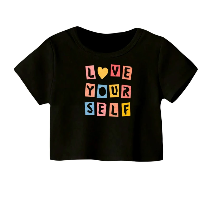 کراپ‌ تی‌شرت آستین کوتاه زنانه مدل خودتو دوست داشته باش
