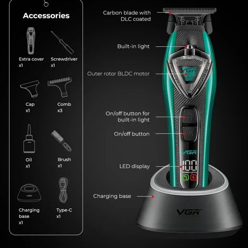 ست ماشین اصلاح موی سر و صورت شارژی وی جی ار مدل V-884 s2 مجموعه 2 عددی وزن 500 گرم با باتری قابل شارژ و صفحه نمایشگر LED
