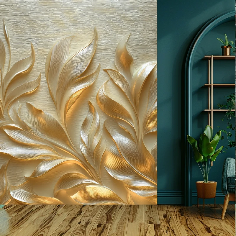 کاغذ دیواری طرح تلفیق برگ و پر فانتزی کد KF660