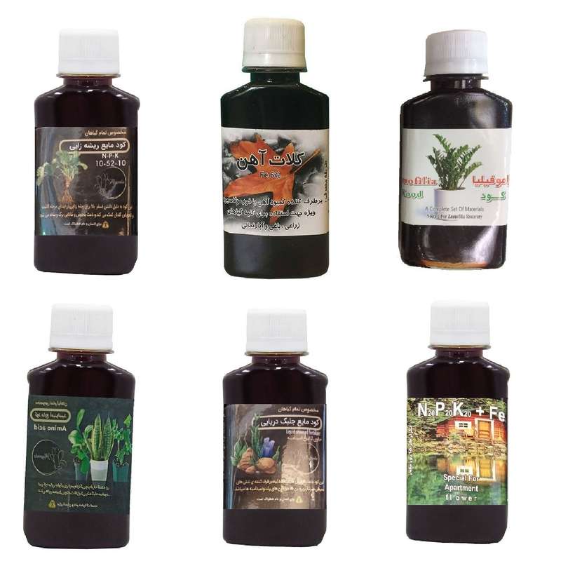 کود مایع فسفر ریشه زایی 10-52-10 و کلات آهن و کود زاموفیلیا و امینو اسید و کود جلبک دریایی و کود کامل سه بیست مدل life drop حجم 120 میلی لیتر