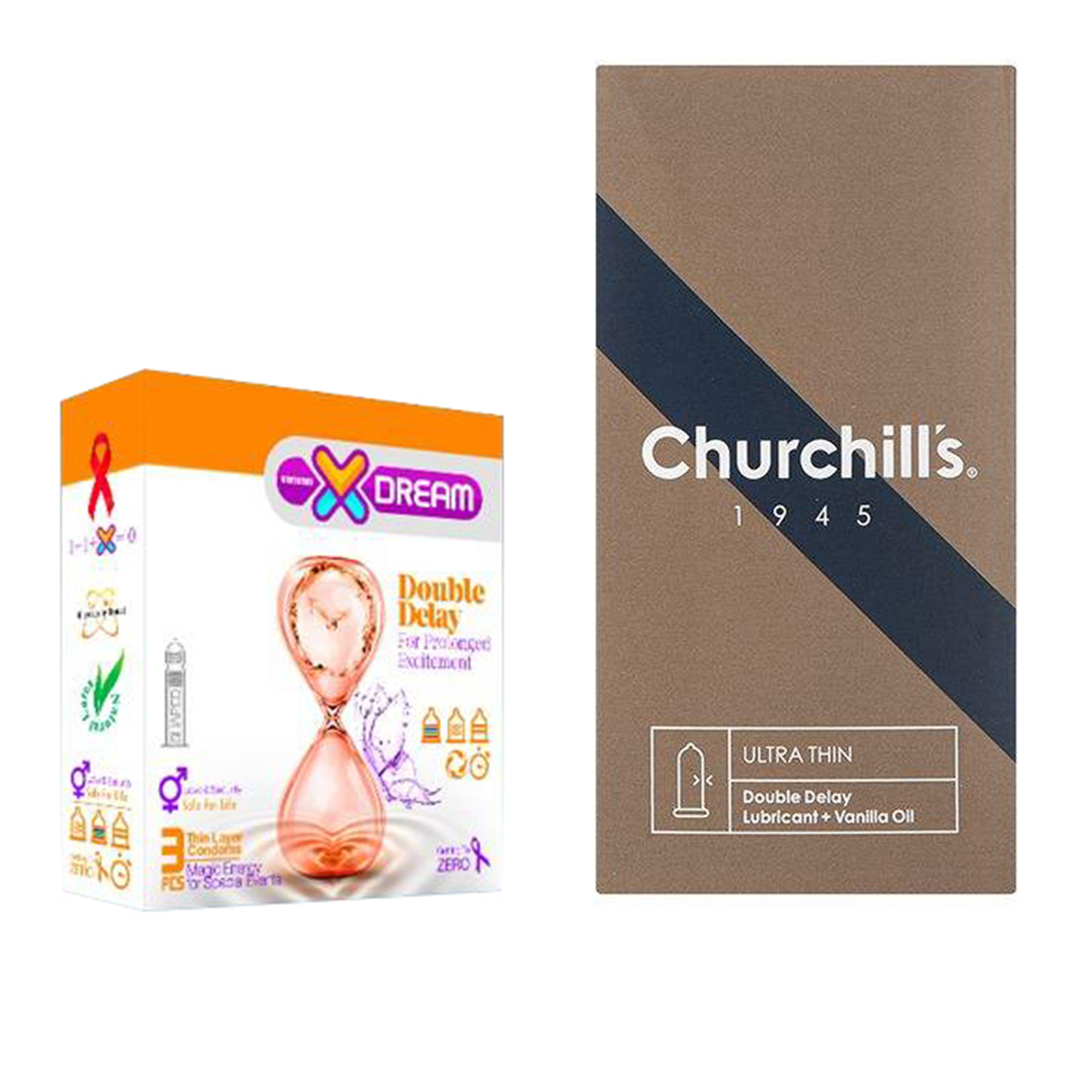 کاندوم چرچیلز مدل Ultra Thin Double Delay بسته 12 عددی به همراه کاندوم ایکس دریم مدل Double Delay بسته 3 عددی