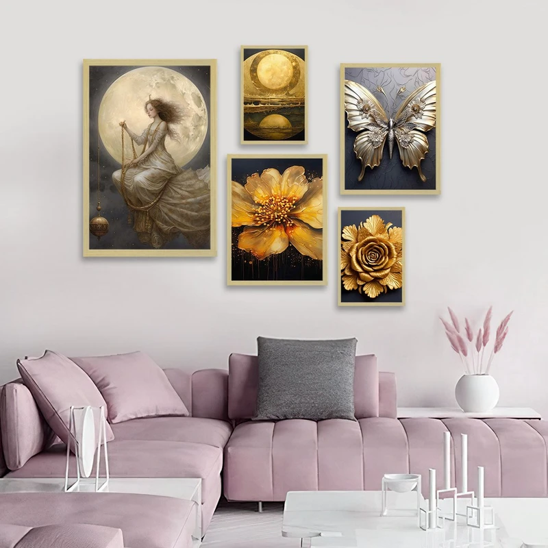 تابلو بکلیت طرح فرشته و گل طلایی مدل شاین اکلیلی BE-1269 مجموعه 5 عددی