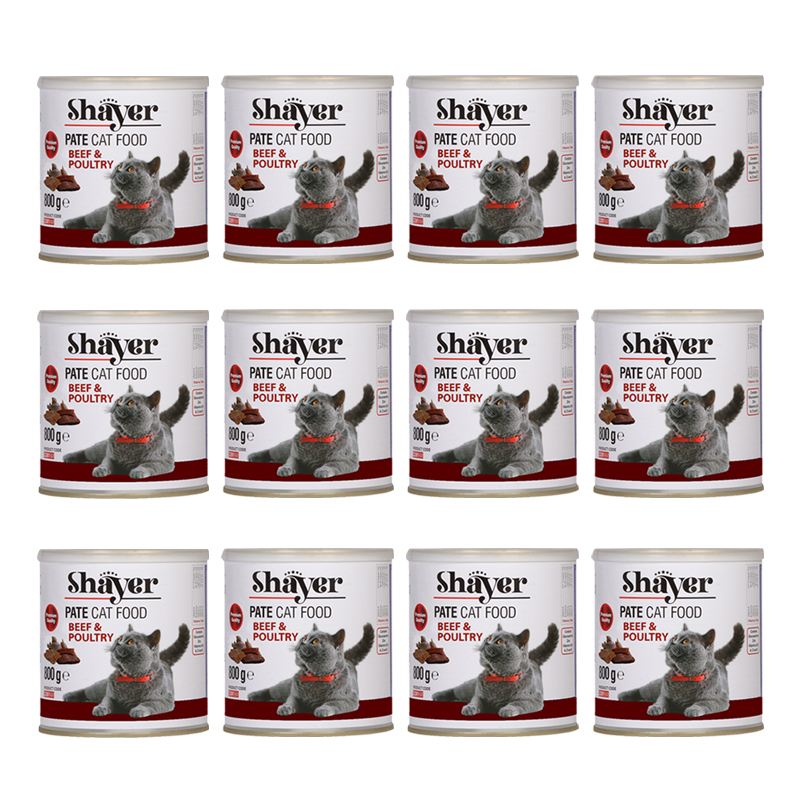 کنسرو گربه شایر مدل گوشت قرمز وگوشت طیور وزن 800 گرم بسته 12 عددی