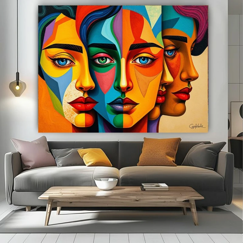 تابلو بوم طرح مخمل انتزاعی مدل چهره های تو در تو کد BK25062