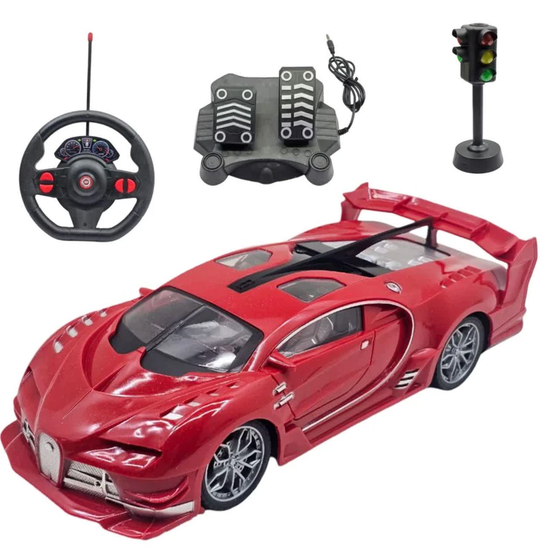 ماشین بازی کنترلی ناب سل مدل بوگاتی شیرون شارژی پدال دار فرمانی چراغ دار همراه با چراغ راهنمایی Rechargeable bugati RD with pedals, illuminated steering wheel and traffic lights