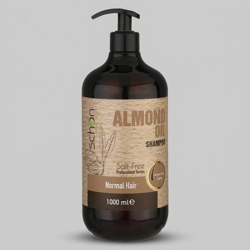 شامپو تقویت کننده مو شون مدل Almond Salt-Free حجم 1000 میلی‌لیتر، نرم‌کننده، مرطوب‌کننده، حاوی روغن آلموند و ویتامین E، مناسب موهای معمولی و بزرگسالان