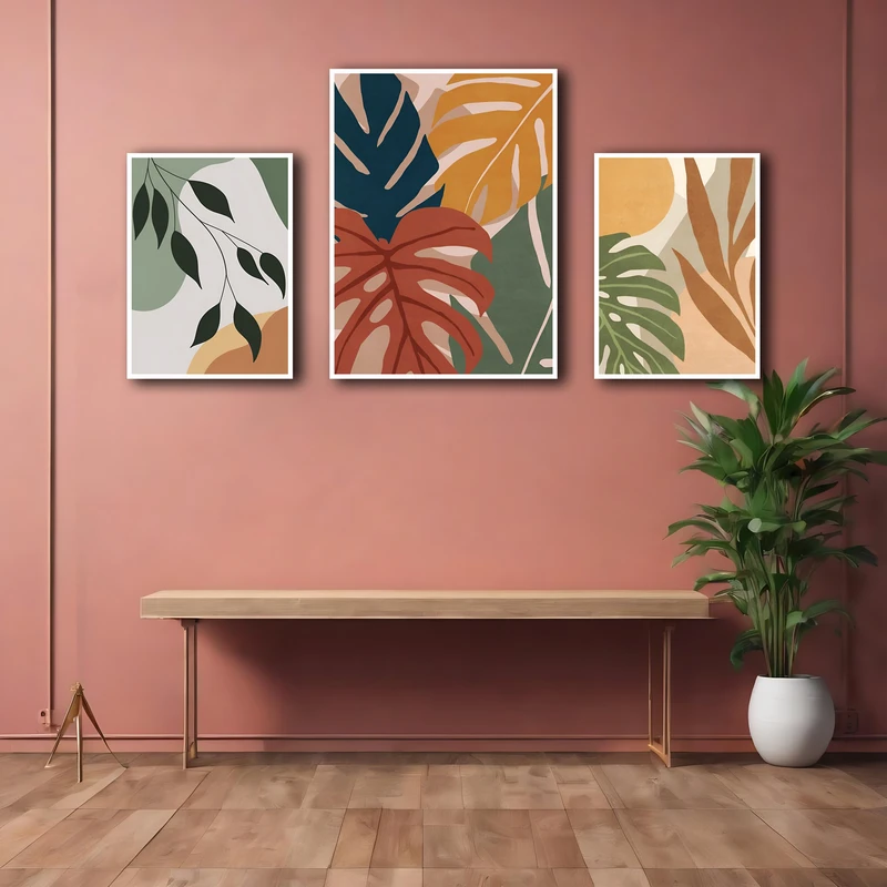 تابلو بکلیت طرح فانتزی برگ و مینیمال مدل W-MR-1114 فریم سفید مجموعه ۳ عددی