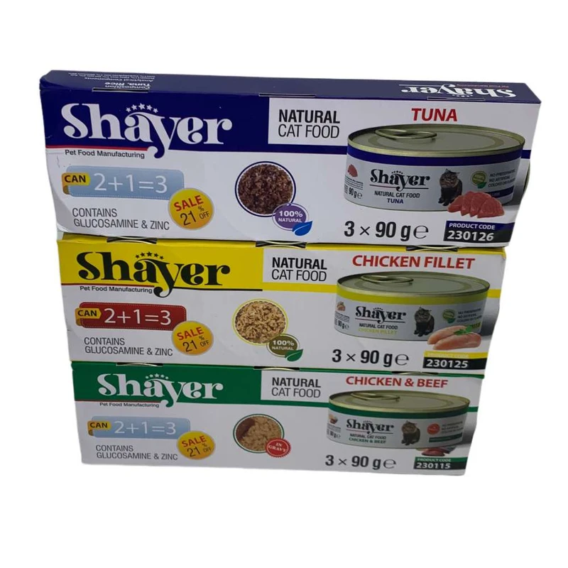 کنسرو غذای گربه بالغ شایر کد s12 طعم مرغ ،ماهی و گوشت وزن 810 گرم بسته 9 عددی